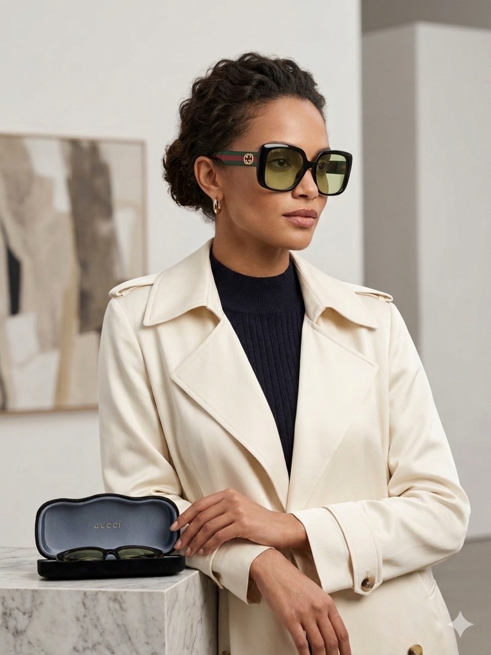 Gucci Black Oversized Square Sunglasses with Green-Red Temple Stripe